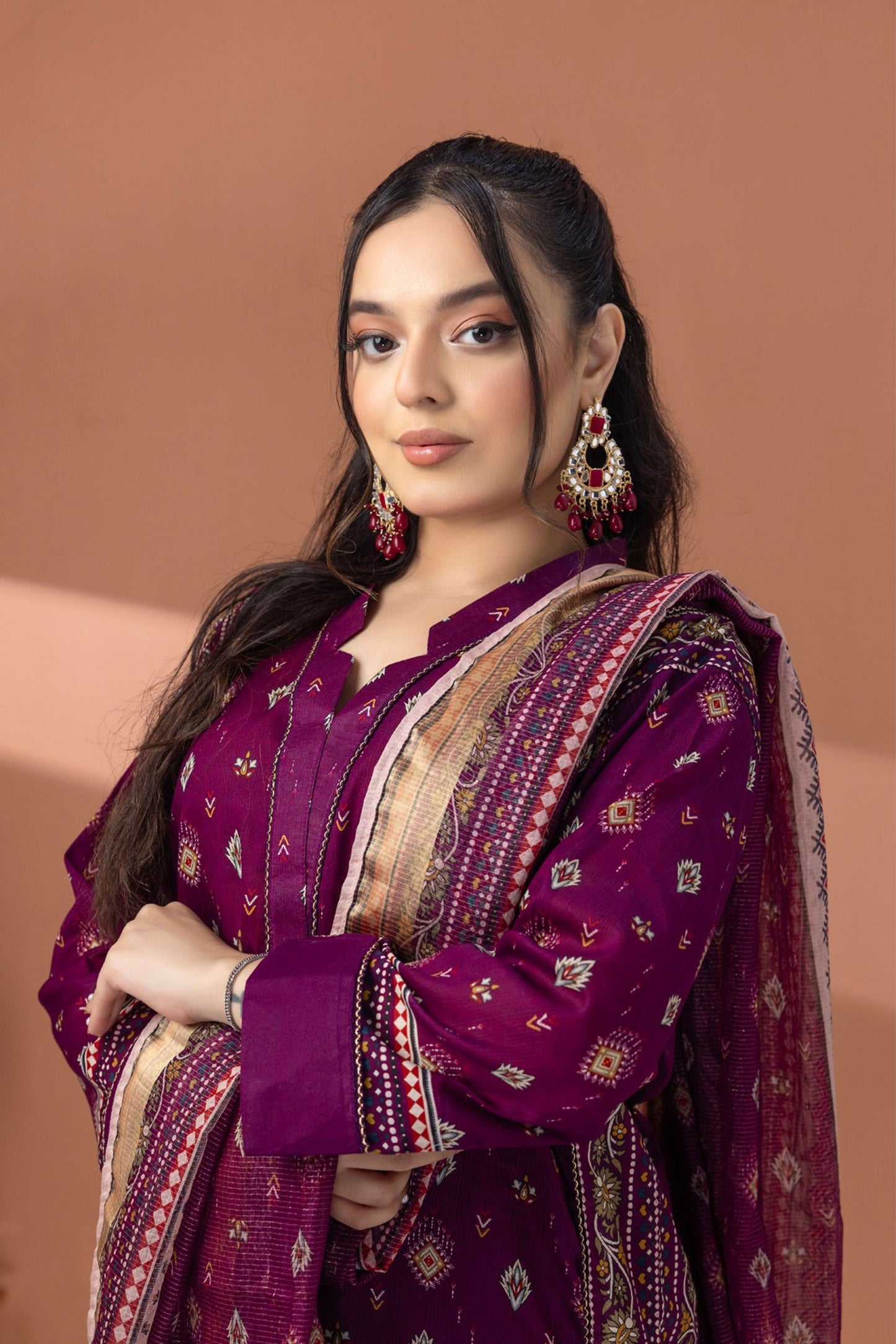3 Pieces - Regalia Unstitched Purple Fancy Zari Dupatta Printed Shirt Lawn Suit