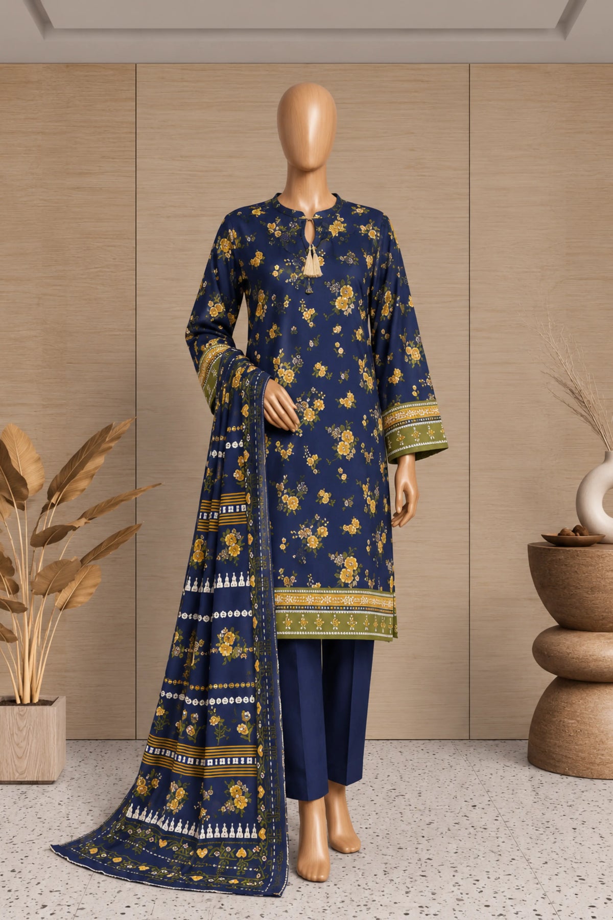 3 Pieces - Rijja By Murashe Unstitched Navy Blue Ladies Printed  Khaddar Suit