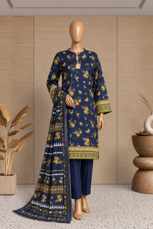 3 Pieces - Rijja By Murashe Unstitched Navy Blue Ladies Printed  Khaddar Suit