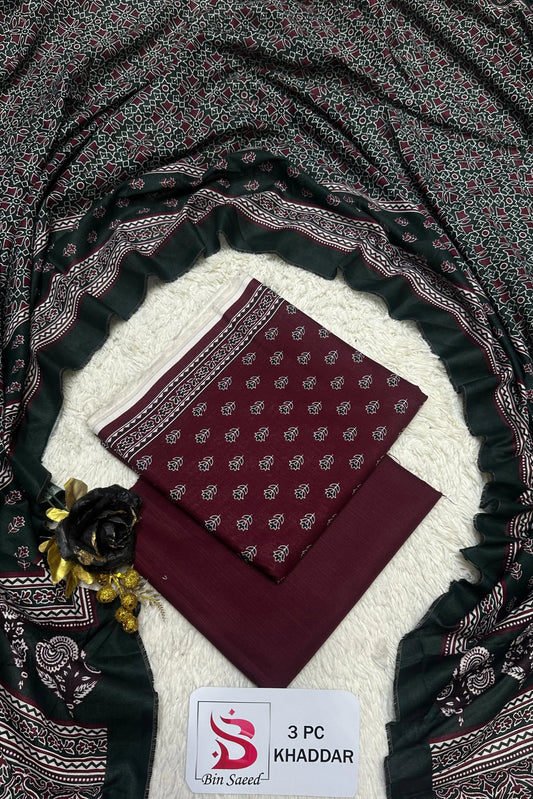 3 Pieces - Bin Saeed Unstitched Maroon Ladies Printed Khaddar Suit
