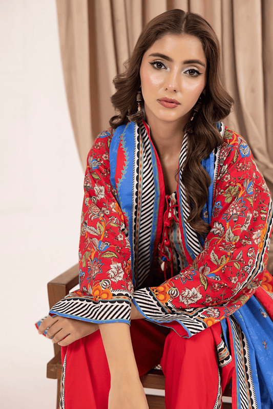 3 Pieces - Regalia Unstitched Red Printed Khaddar Suit