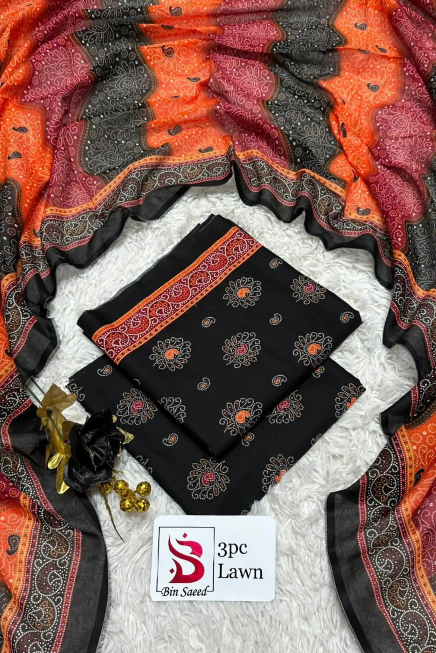 3 Pieces - Bin Saeed Unstitched Black Ladies Lawn Suit
