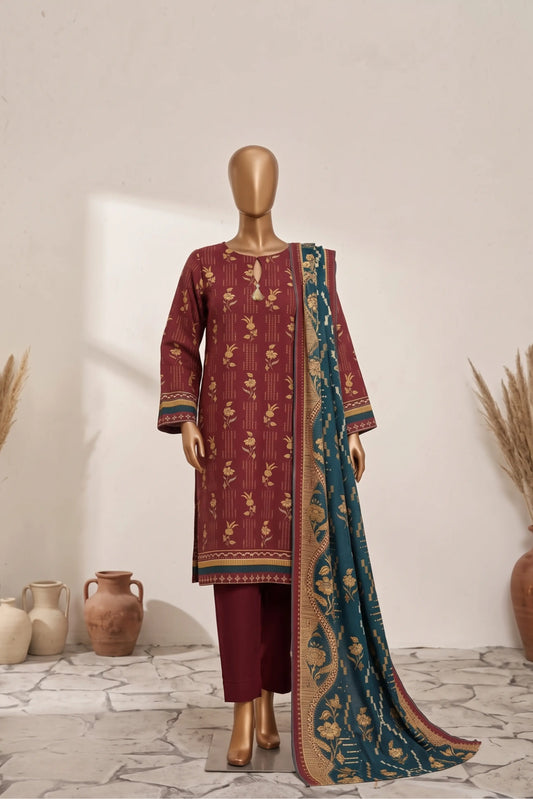 3 Pieces - Rijja By Murashe Unstitched Red Ladies Printed  Khaddar Suit