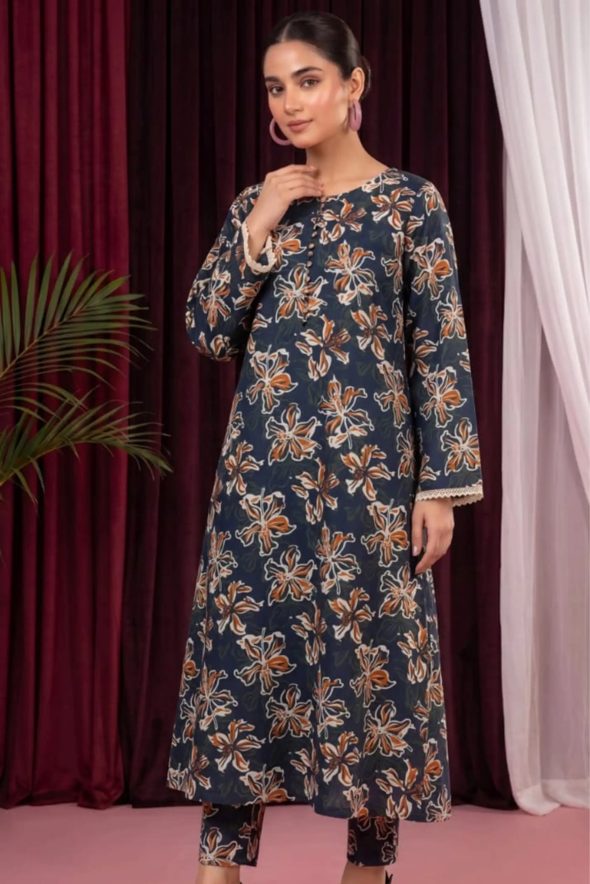 2 Piece- Sohni Dharti Unstitched Navy Blue Ladies Lawn Suit