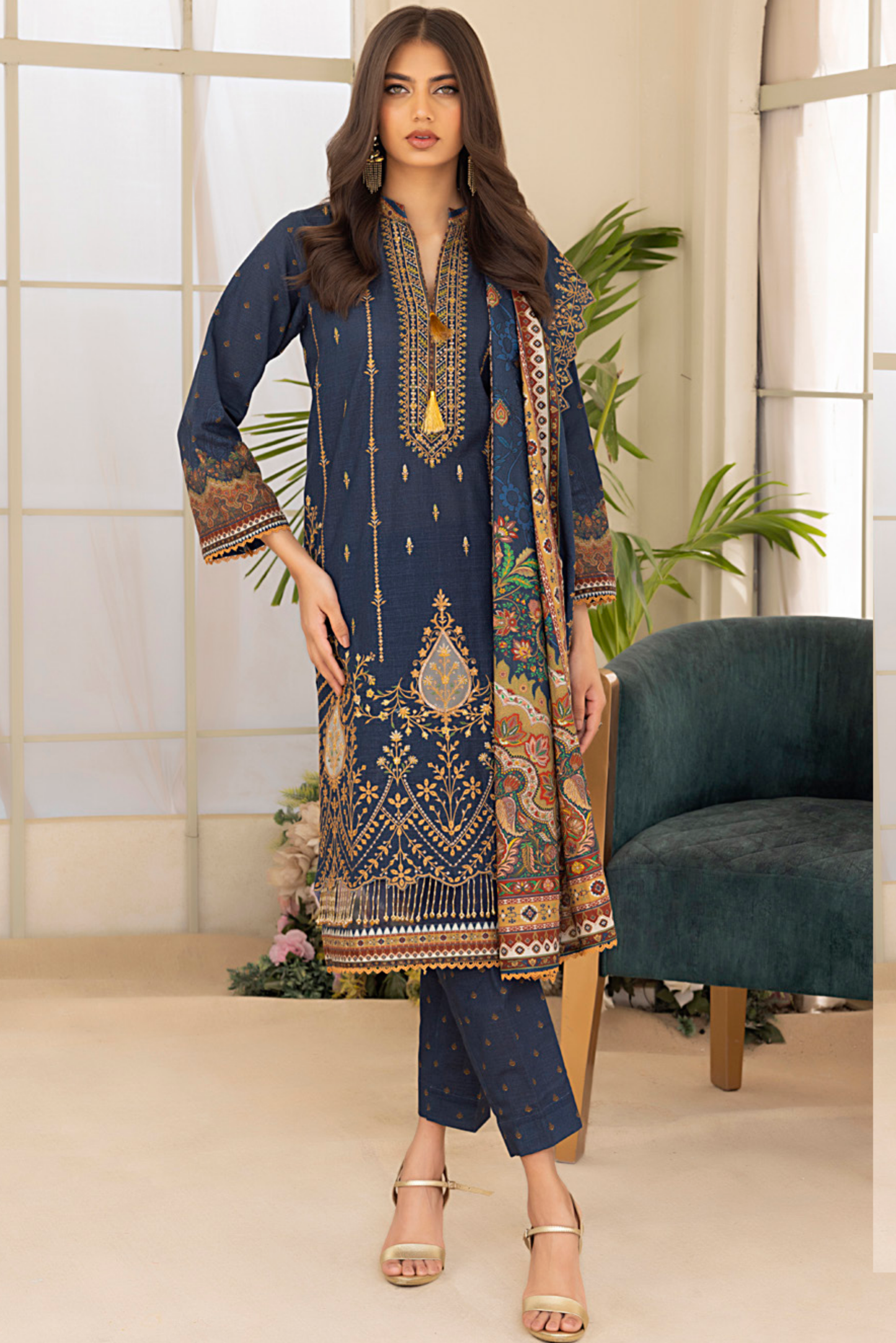 3 Pieces - Regalia Stitched Navy Blue Embroidered Khaddar Suit