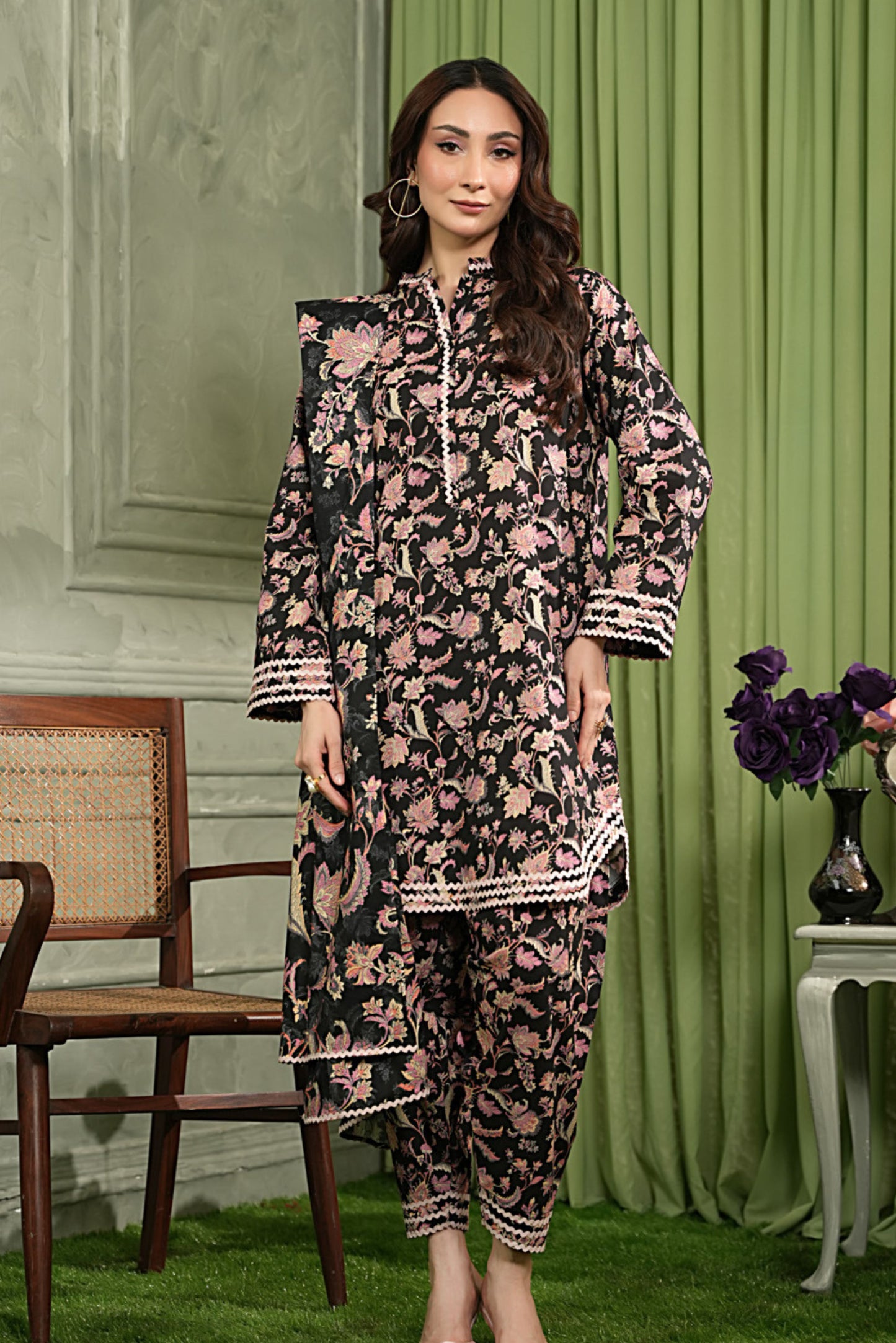 3 Pieces - Regalia Unstitched Black Printed Linen Suit