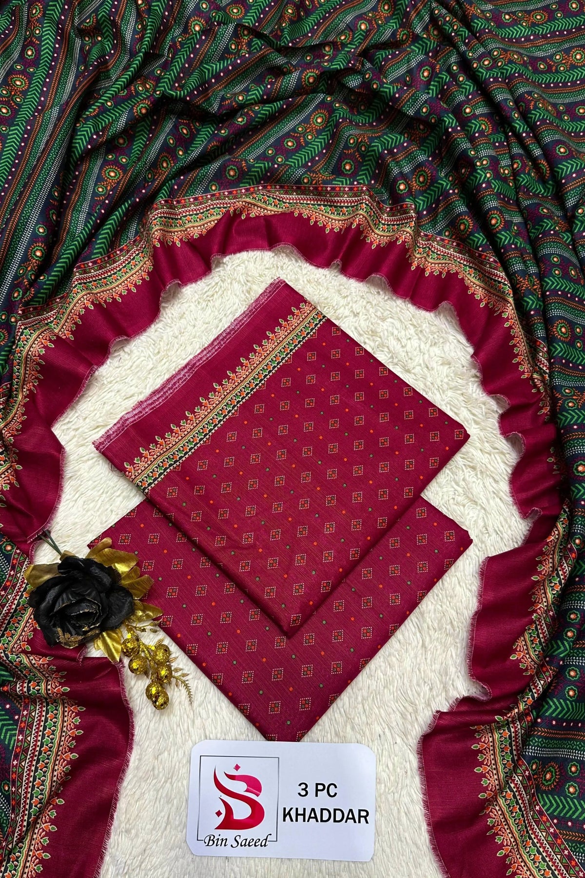 3 Pieces - Bin Saeed Unstitched Red Ladies Printed Khaddar Suit