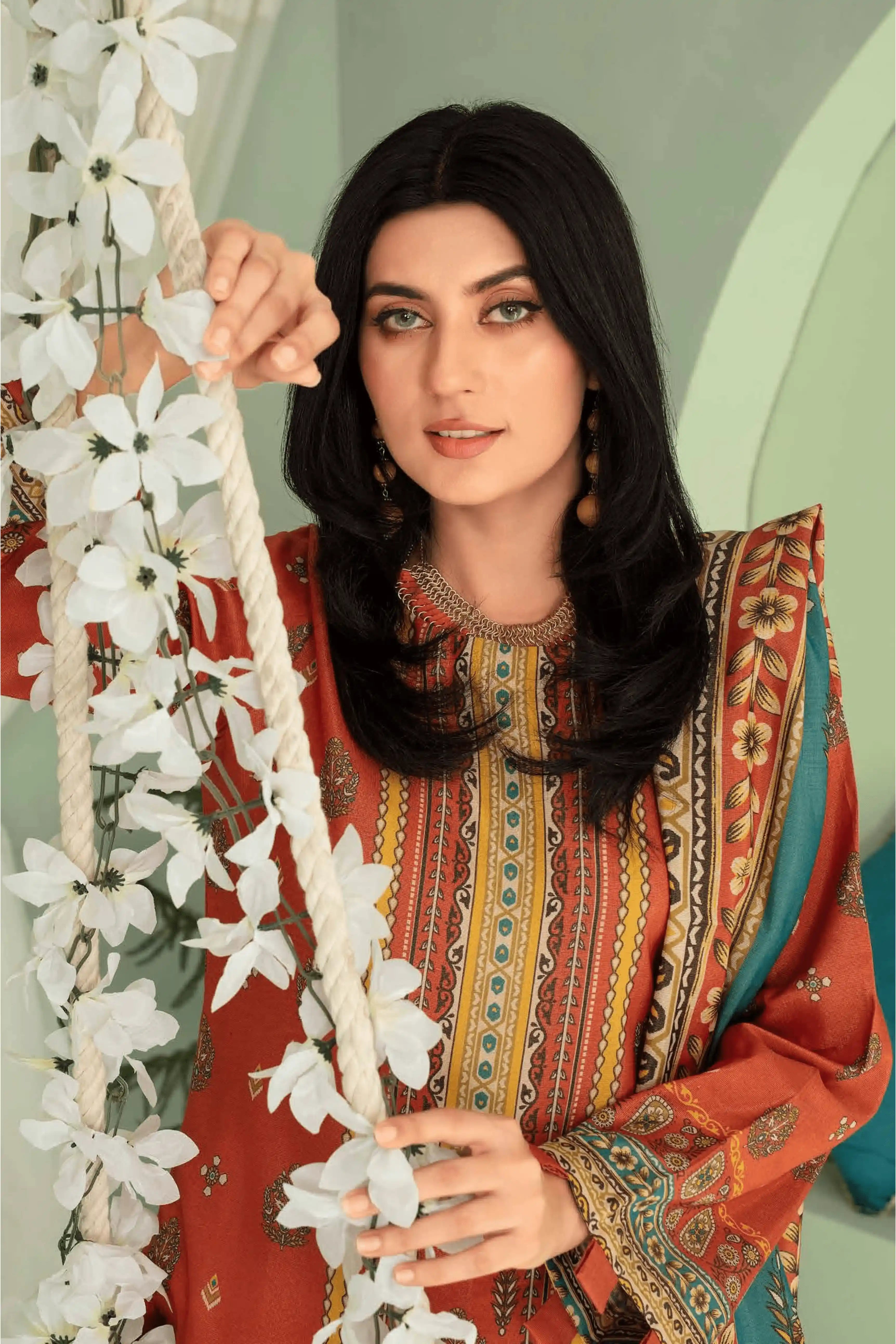 3 Pieces - Aizal Unstitched Orange Printed Shamray Linen Suit