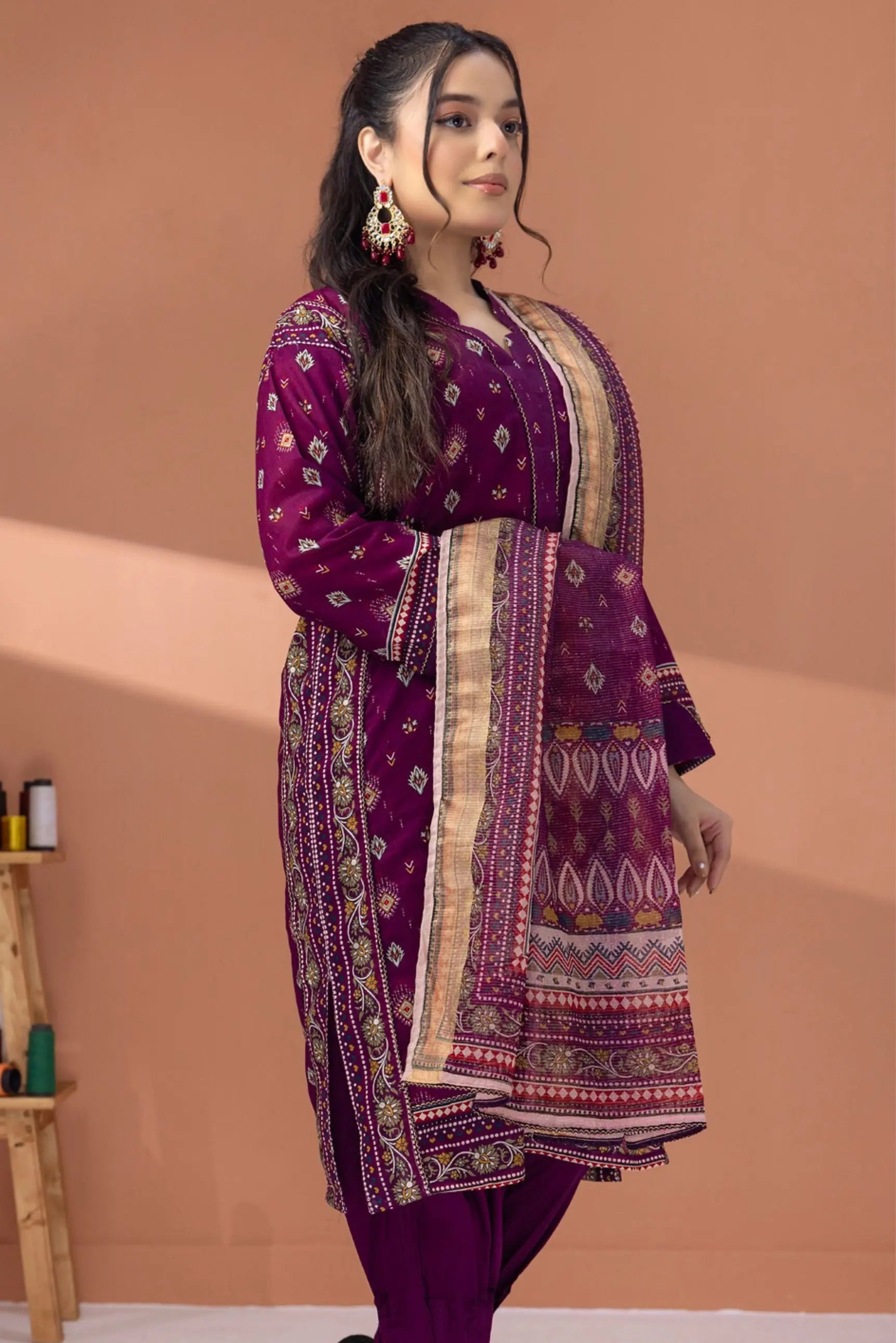 3 Pieces - Regalia Unstitched Purple Fancy Zari Dupatta Printed Shirt Lawn Suit