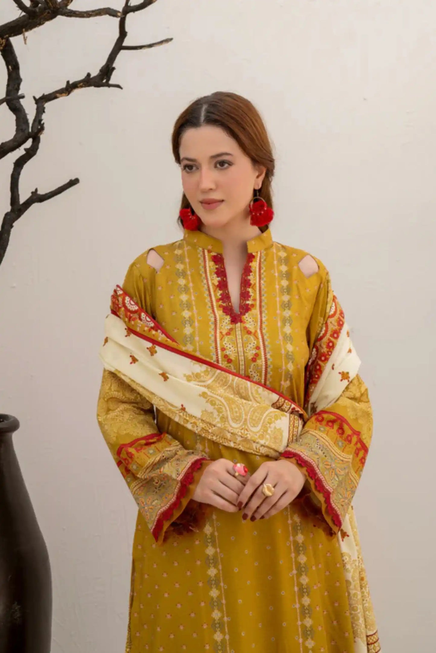 3 Pieces - Marooj Unstitched Mustard Yellow BanaDora Linen Suit