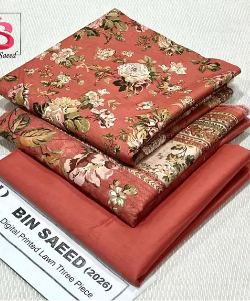 3 Pieces - Bin Saeed Unstitched  Peach Ladies Lawn Suit