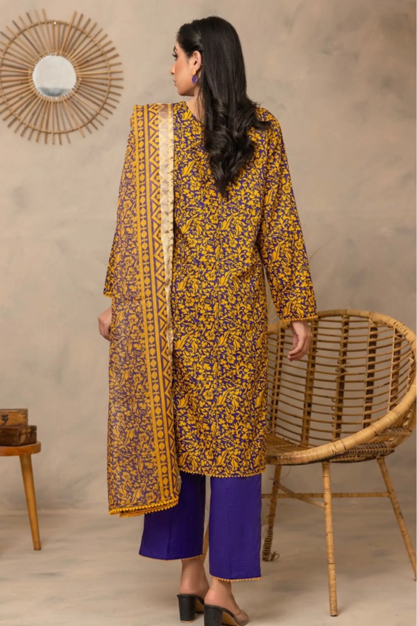 3 Pieces - Regalia Unstitched Royal Blue Fancy Zari Dupatta Printed Shirt Lawn Suit
