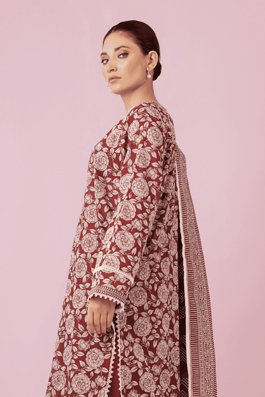 3 Pieces - Orient Unstitched Maroon Printed Lawn Suit