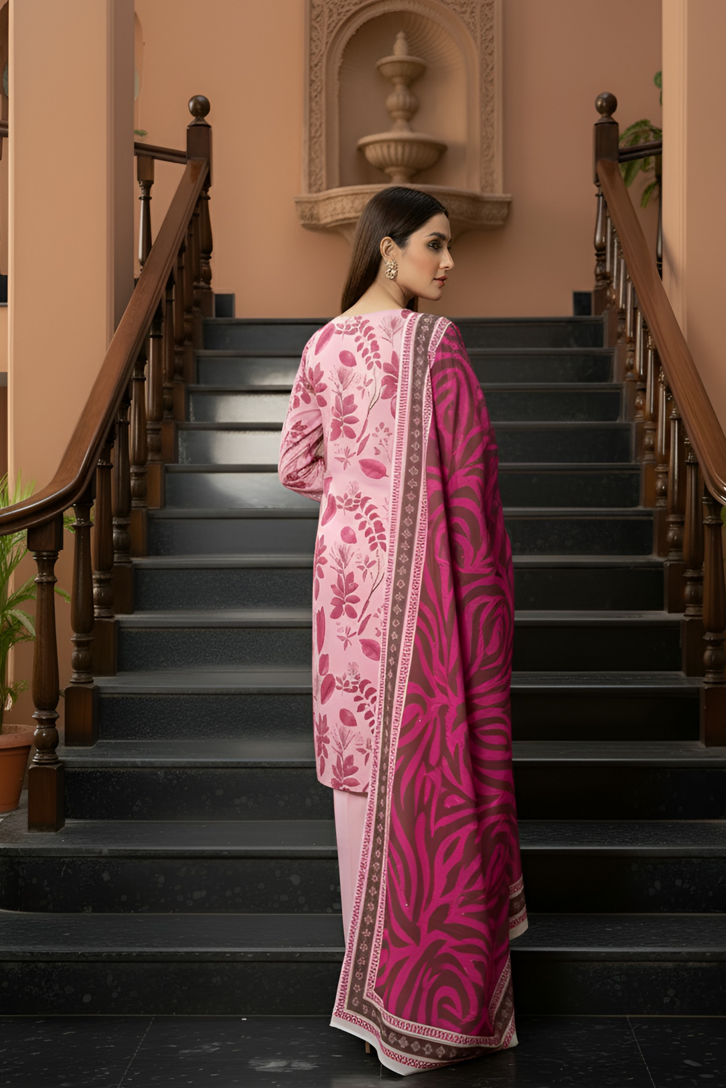 3 Pieces - Marooj Unstitched Baby Pink Printed Khaddar Suit