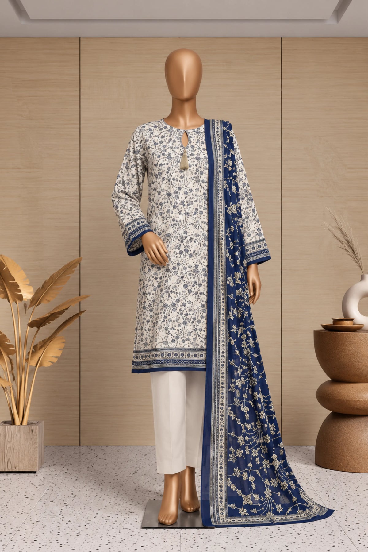 3 Pieces - Rijja By Murashe Unstitched OFF-White Ladies Printed  Khaddar Suit