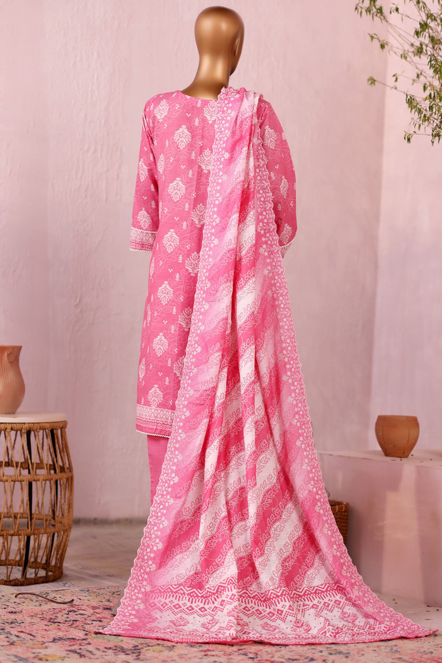 3 Pieces - Riwayat Unstitched Pink Embroidered Dupatta & Embroidered Shirt Suit