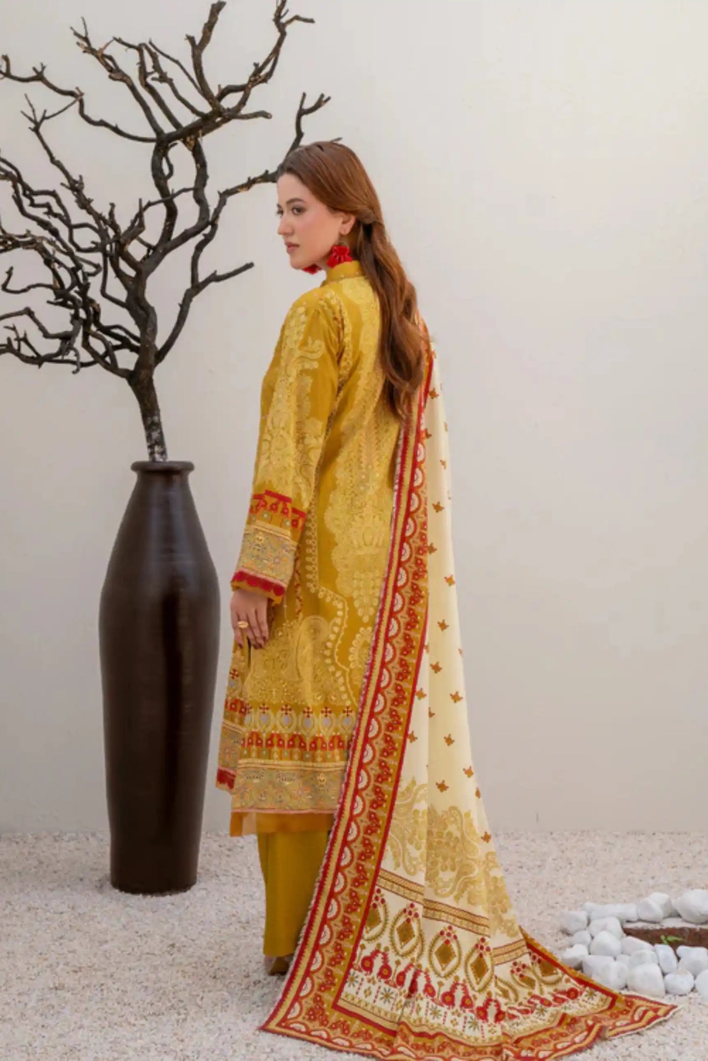 3 Pieces - Marooj Unstitched Mustard Yellow BanaDora Linen Suit