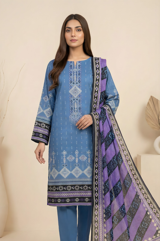 3 Pieces - Marooj Unstitched Blue Transliminor Magic Print Lawn Suit