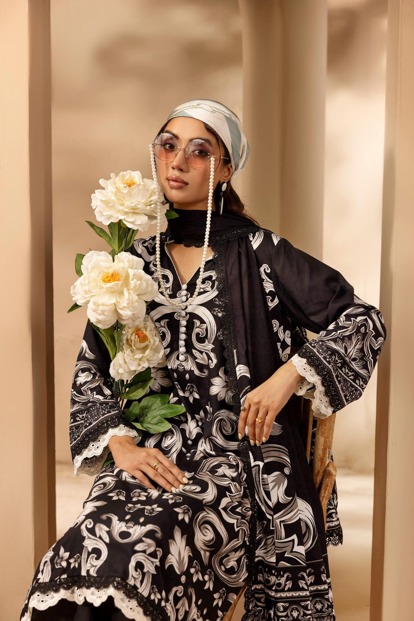 3 Pieces - Rangreza Unstitched Black Printed Linen Suit