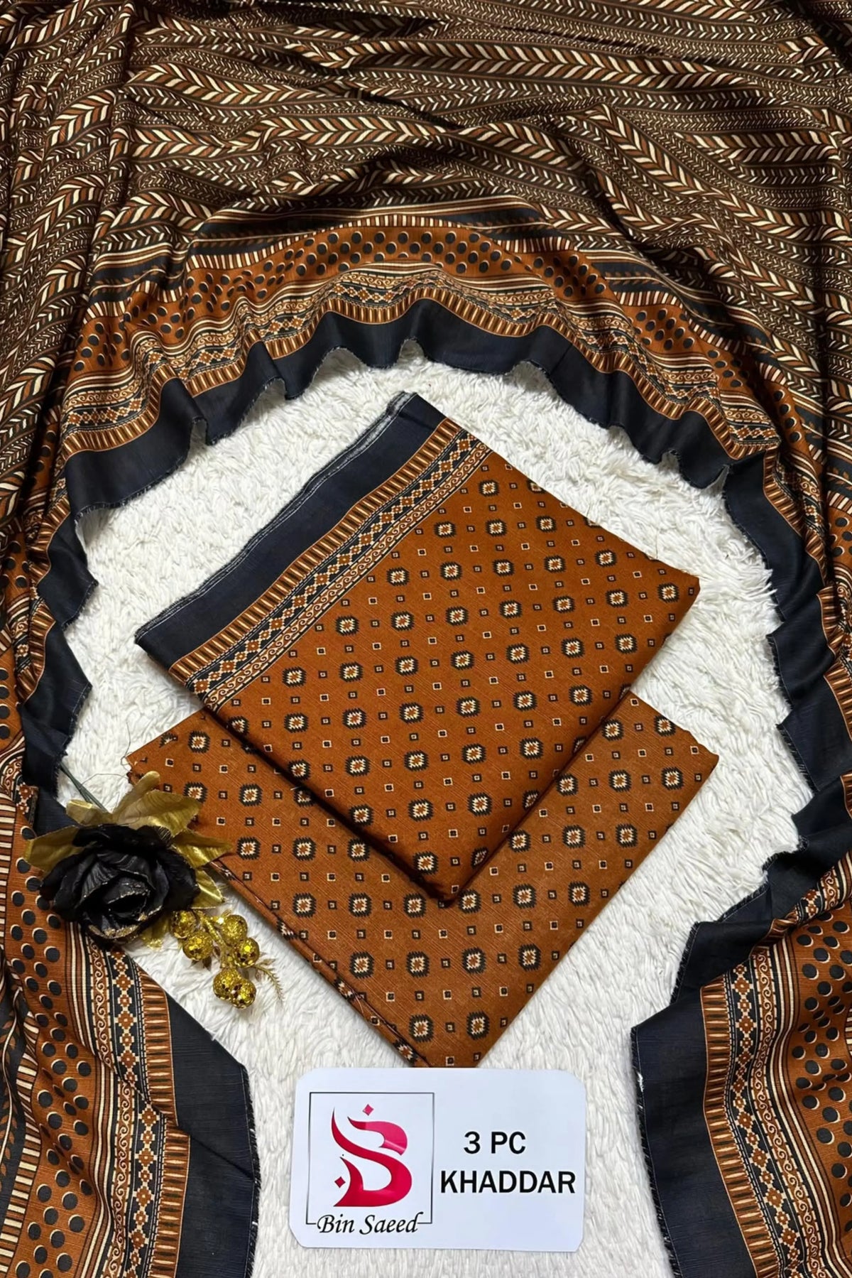 3 Pieces - Bin Saeed Unstitched Mustard Ladies Printed Khaddar Suit