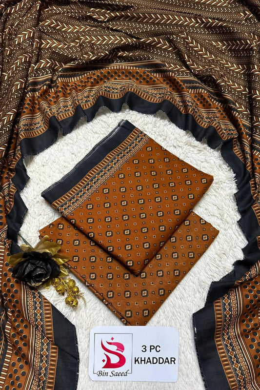 3 Pieces - Bin Saeed Unstitched Mustard Ladies Printed Khaddar Suit