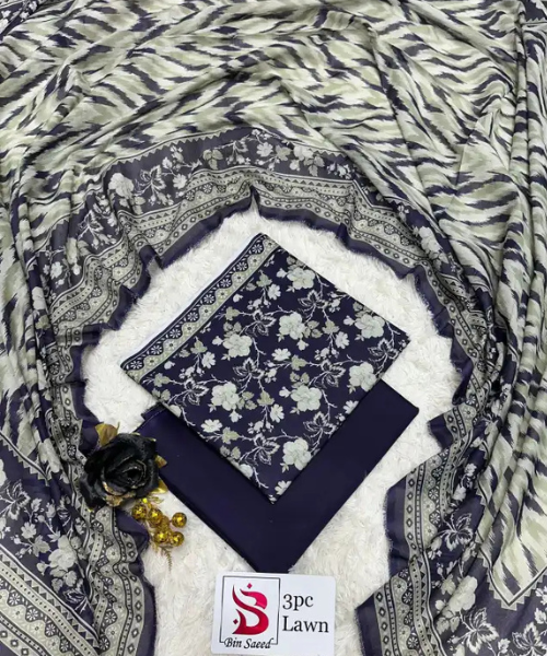 3 Pieces - Bin Saeed Unstitched Dark Blue Ladies Lawn Suit