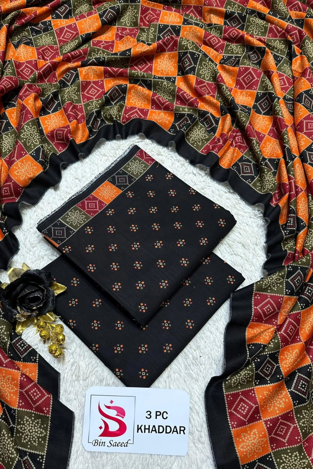 3 Pieces - Bin Saeed Unstitched Black Ladies Printed Khaddar Suit