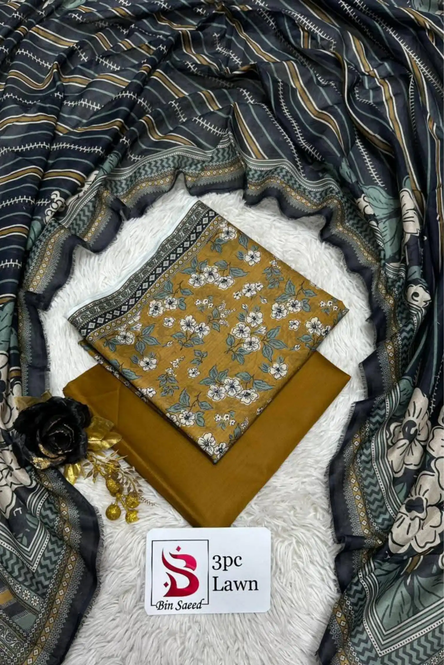3 Pieces - Bin Saeed Unstitched Mustard Ladies Lawn Suit