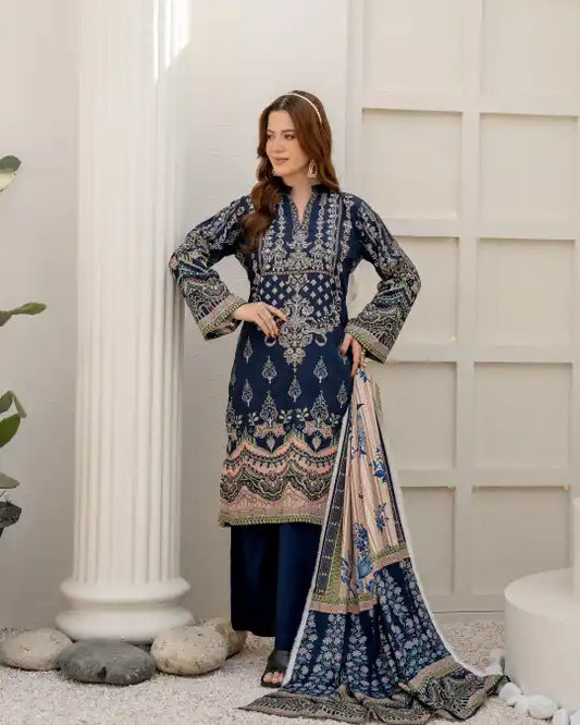 3 Pieces - Marooj Unstitched Dark Blue BanaDora Linen Suit