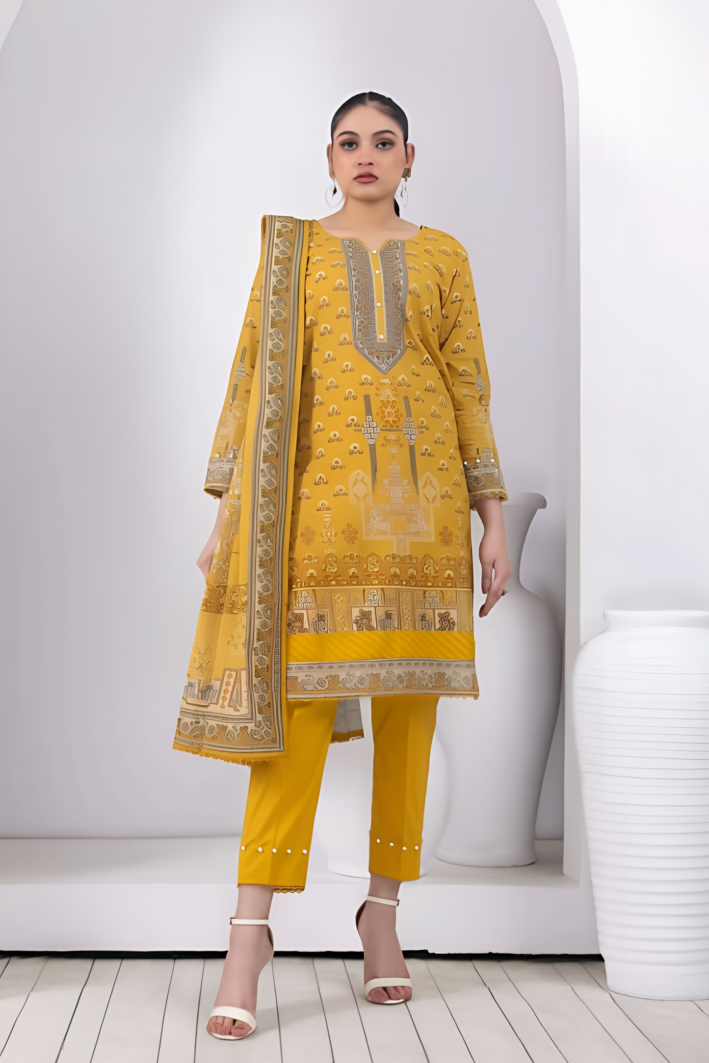 3 Pieces - Regalia Stitched Mustard Printed Khaddar Suit