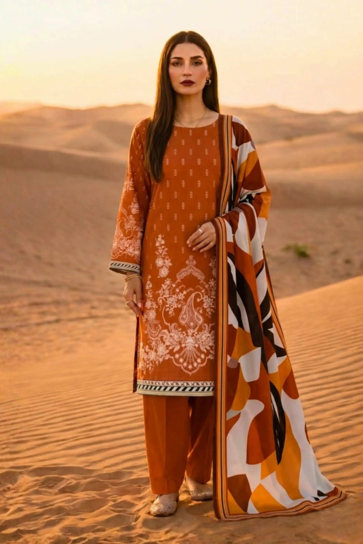 3 Pieces - Janan Unstitched Orange Printed Lawn Suit