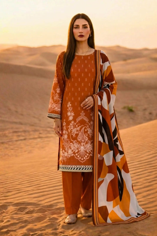 3 Pieces - Janan Unstitched Orange Printed Lawn Suit