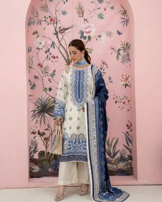 3 Pieces - Marooj Unstitched Off White BanaDora Linen Suit
