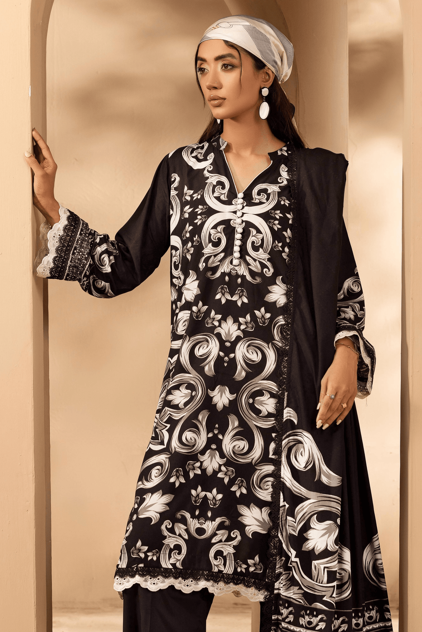 3 Pieces - Rangreza Unstitched Black Printed Linen Suit