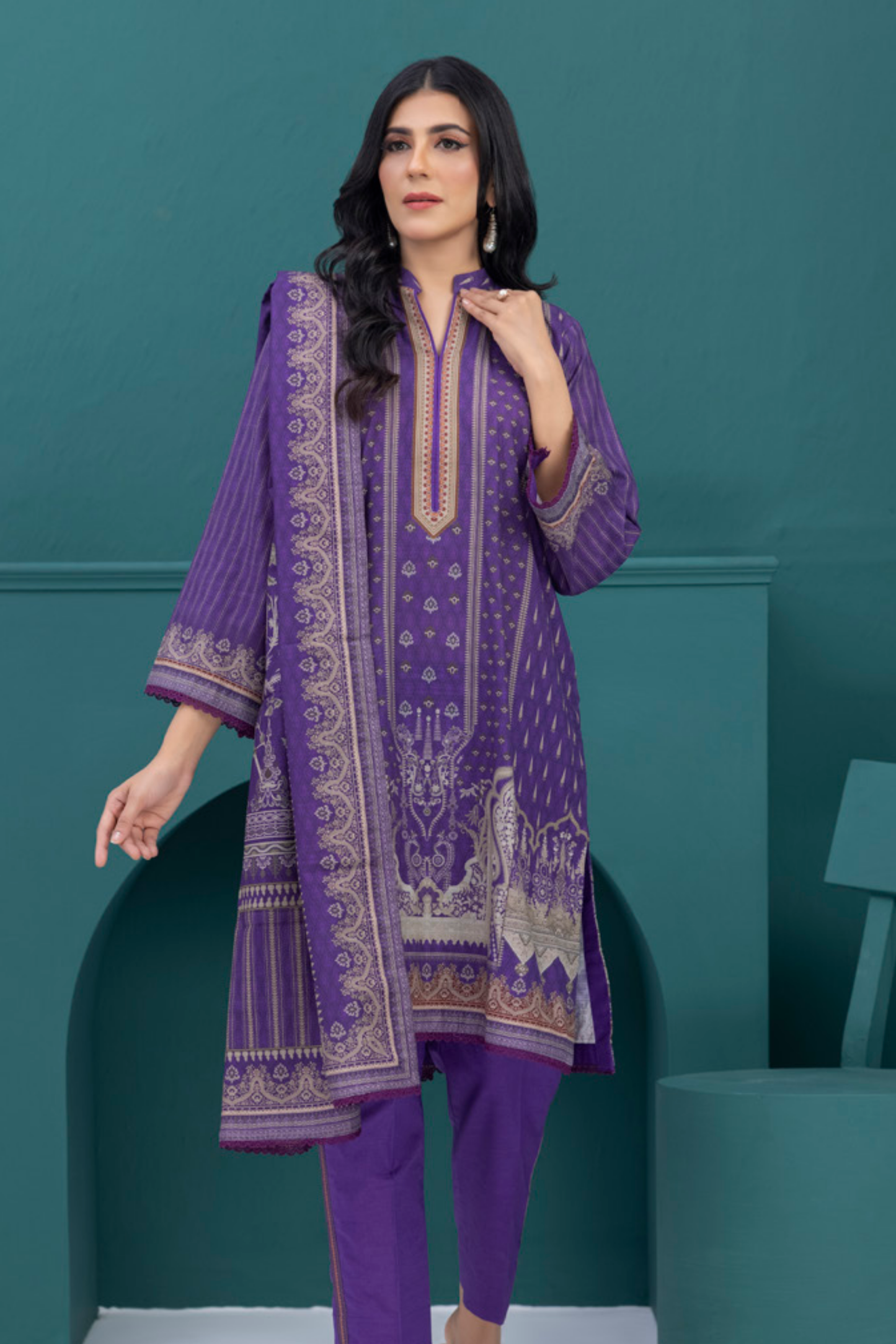 3 Pieces - Regalia Stitched Purple Printed Khaddar Suit