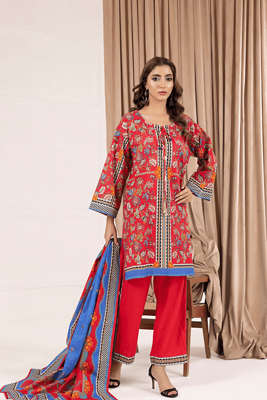 3 Pieces - Regalia Unstitched Red Printed Khaddar Suit