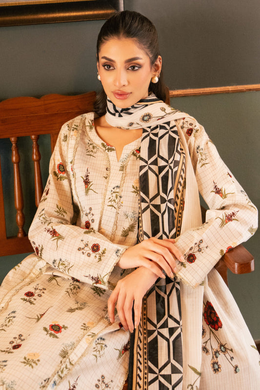3 Pieces - Regalia Unstitched Off White Bana Dora Lawn Suit
