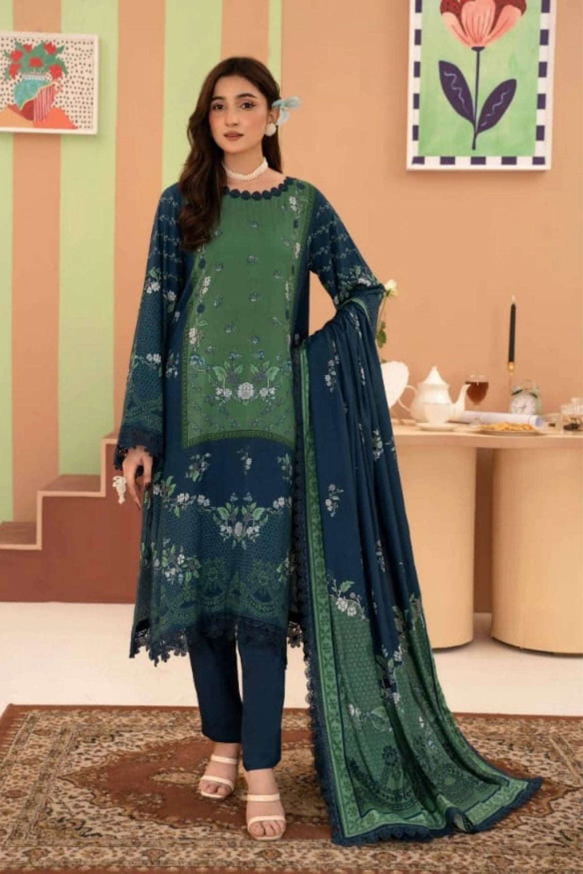 3 Pieces - Raabi  Unstitched Green  Printed Ladies Linen Suit