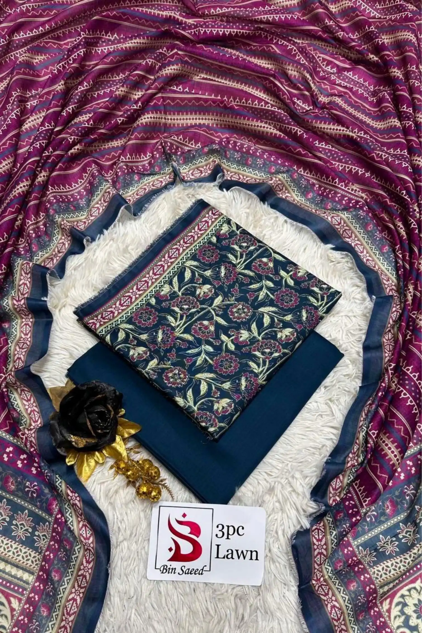 3 Pieces - Bin Saeed Unstitched Navy Blue Ladies Lawn Suit