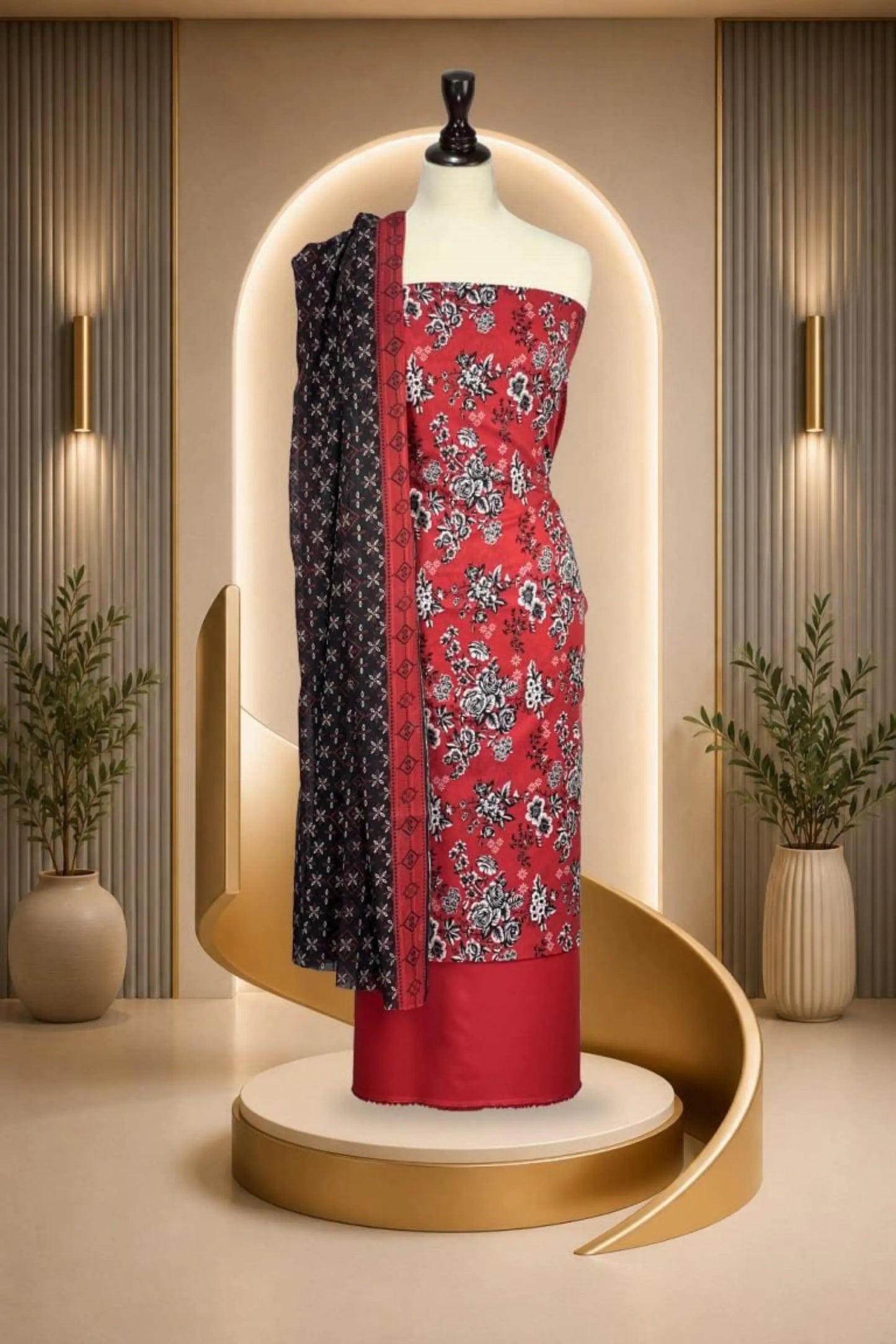 3 Pieces -Rijja By Mursahe  Unstitched Red Ladies Lawn Suit