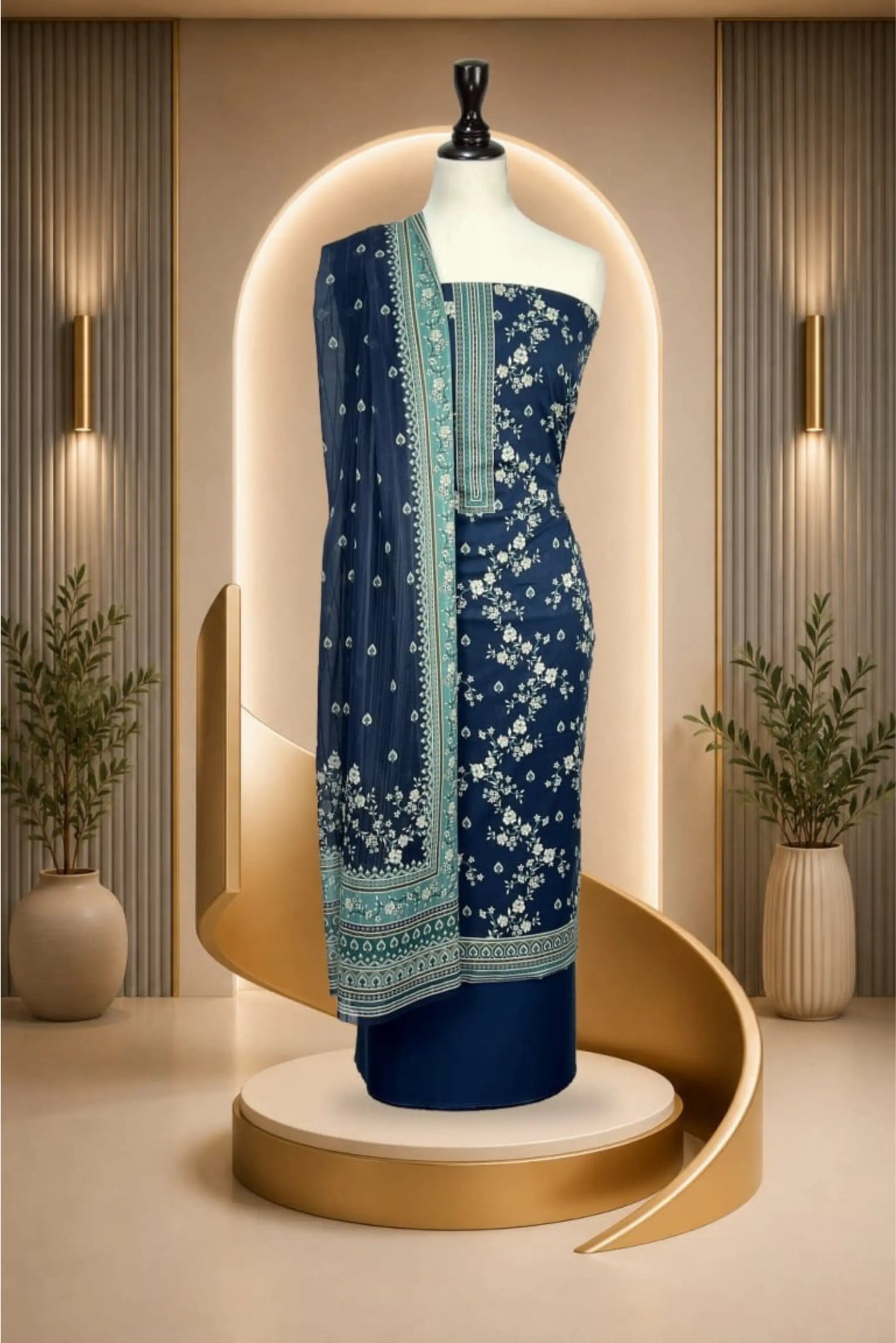 3 Pieces -Rijja By Mursahe  Unstitched Navy Blue Ladies Lawn Suit