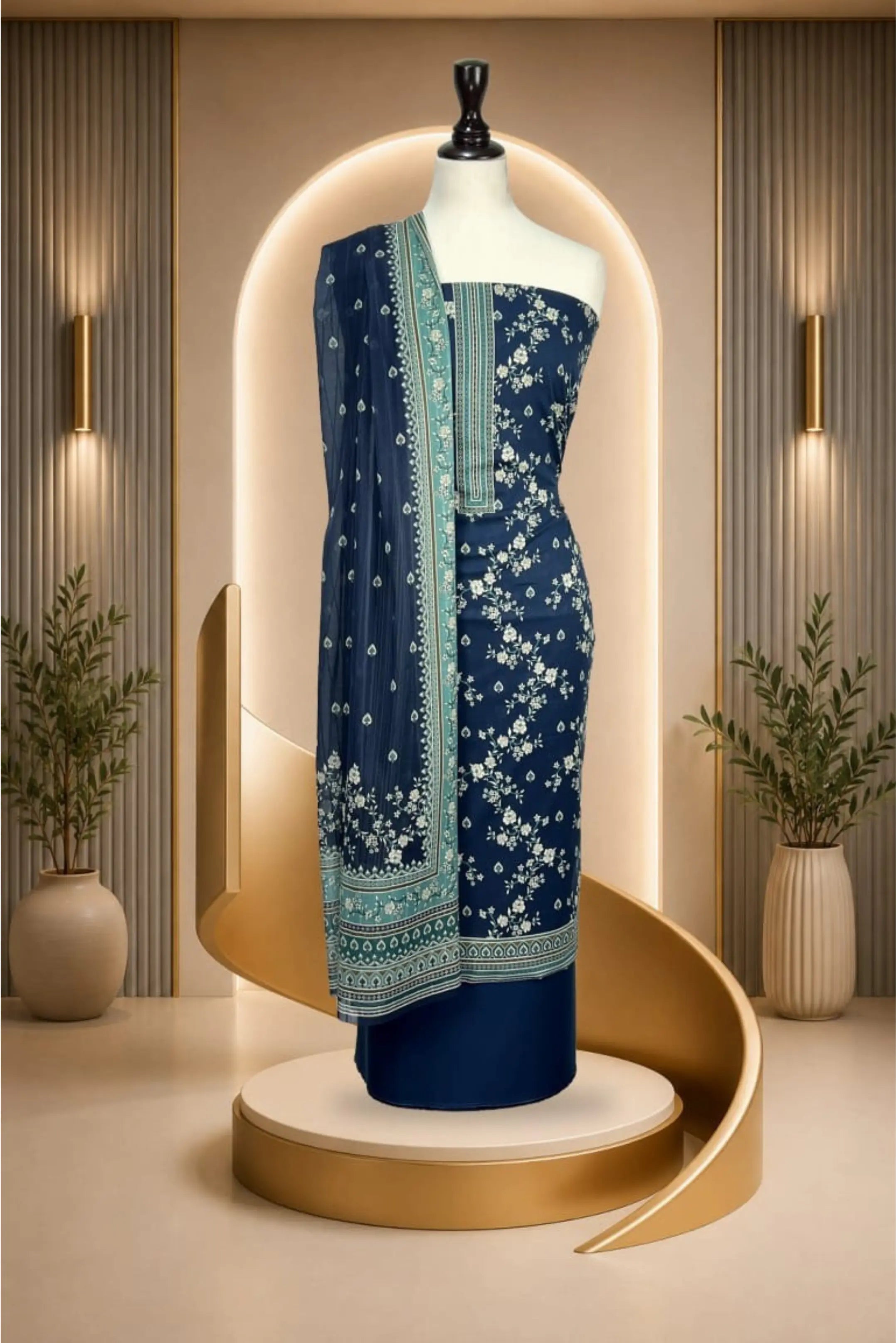 3 Pieces -Rijja By Mursahe  Unstitched Navy Blue Ladies Lawn Suit