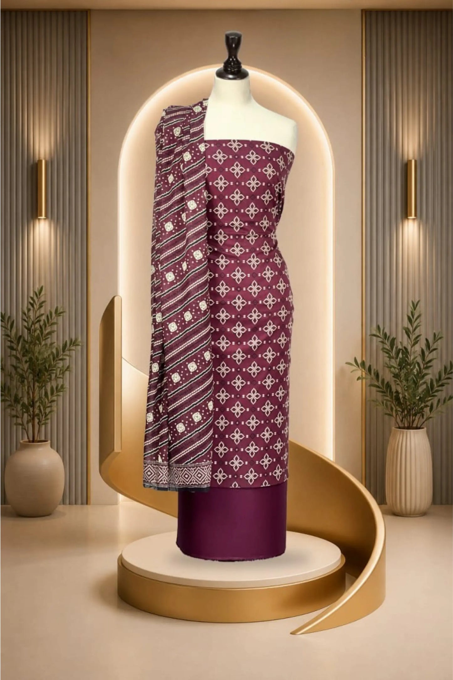 3 Pieces -Rijja By Mursahe  Unstitched Maroon Ladies Lawn Suit