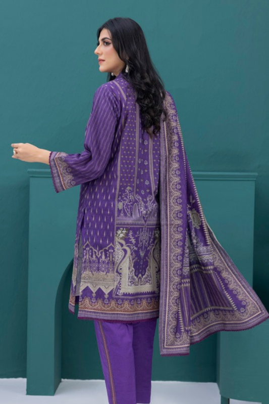 3 Pieces - Regalia Stitched Purple Printed Khaddar Suit