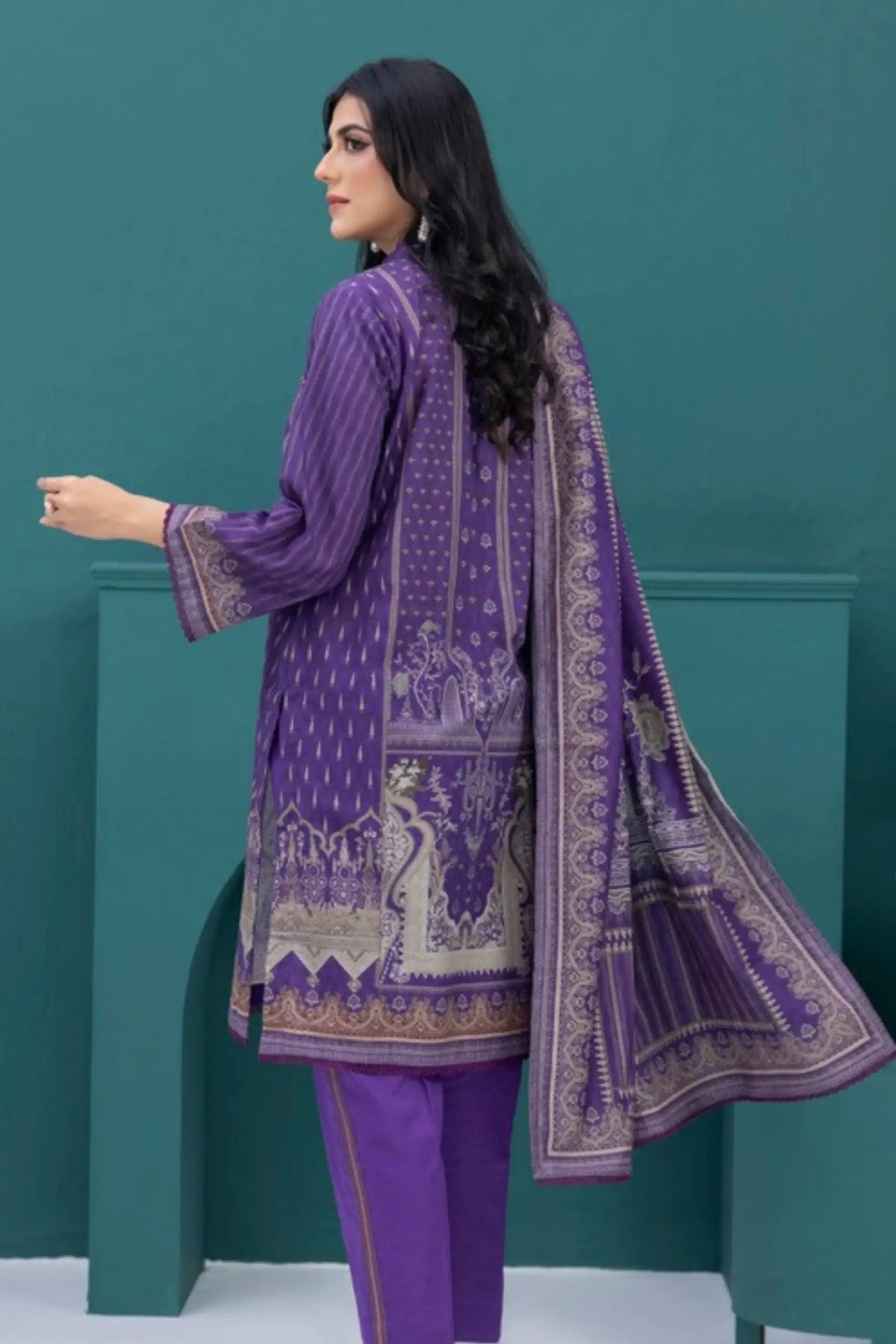 3 Pieces - Regalia Stitched Purple Printed Khaddar Suit