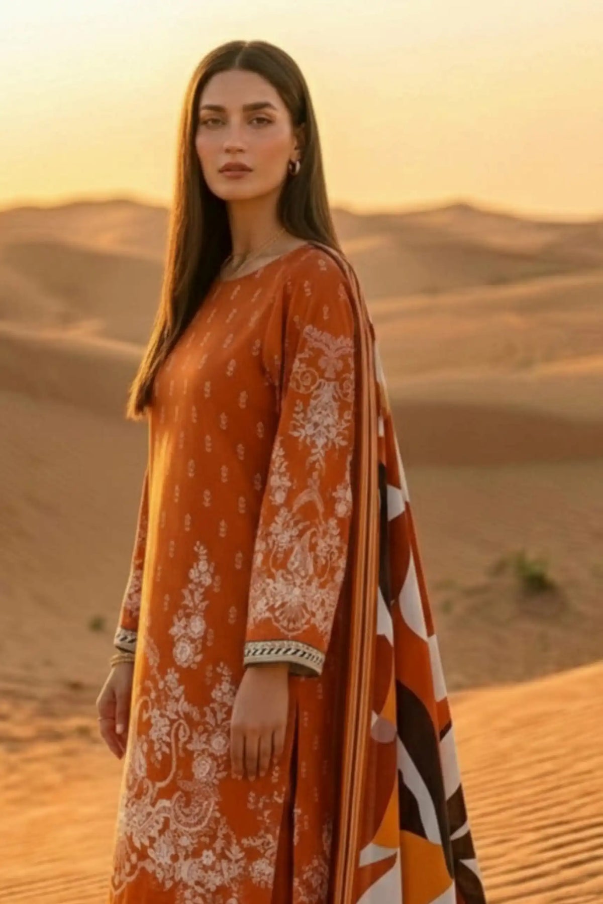 3 Pieces - Janan Unstitched Orange Printed Lawn Suit