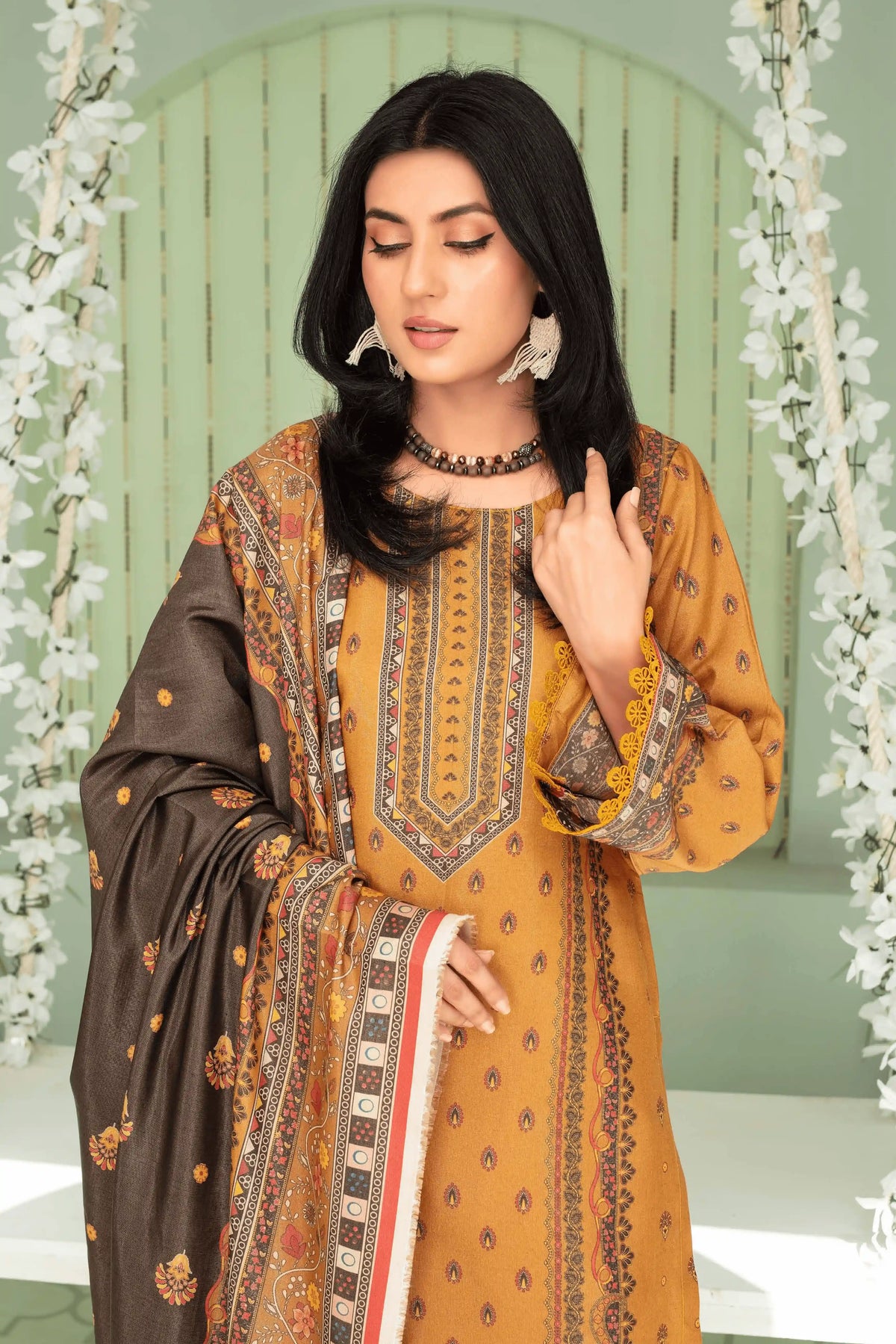 3 Pieces - Aizal Unstitched Mustard Printed Shamray Linen Suit