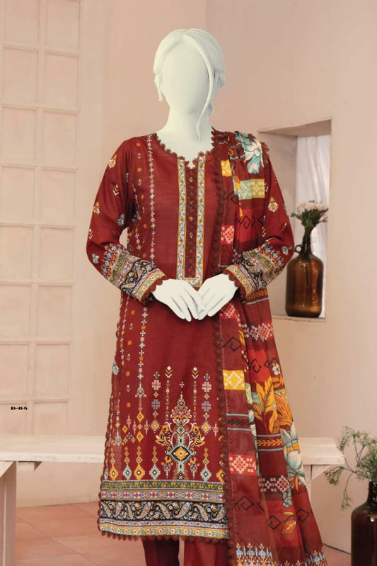 3 Pieces - Murashee Unstitched Maroon Printed Lawn Suit