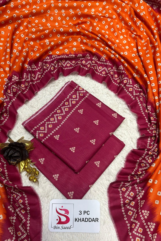 3 Pieces - Bin Saeed Unstitched Maroon Ladies Printed Khaddar Suit