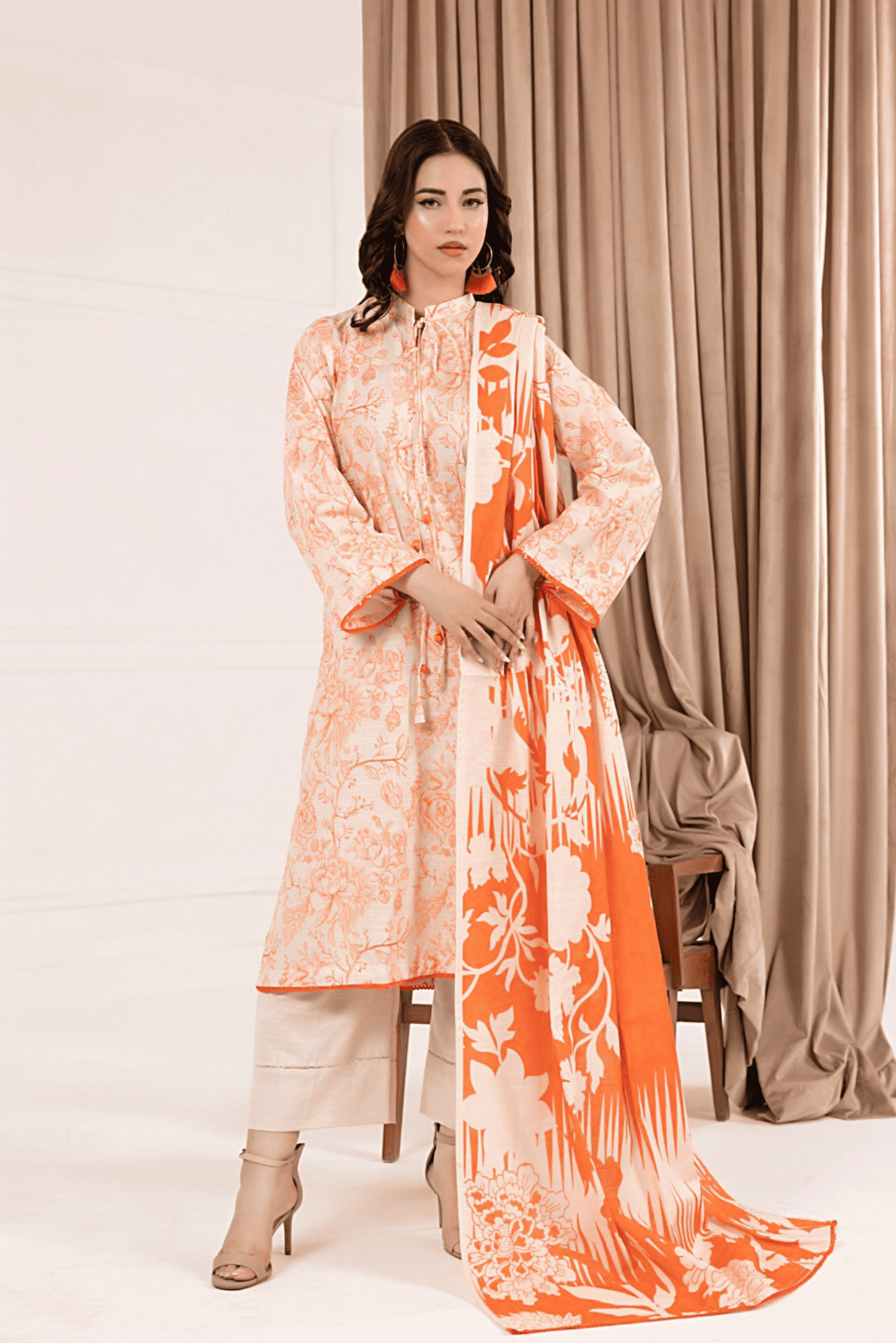 3 Pieces - Regalia Unstitched Peach Printed Khaddar Suit